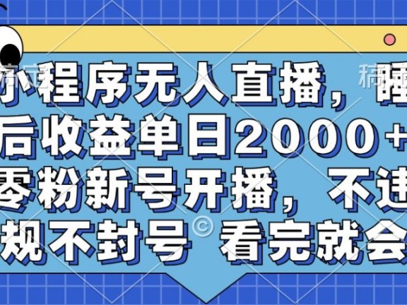 小程序无人直播，睡后收益单日2000+ 零粉新号开播，不违规不封号 看完就会